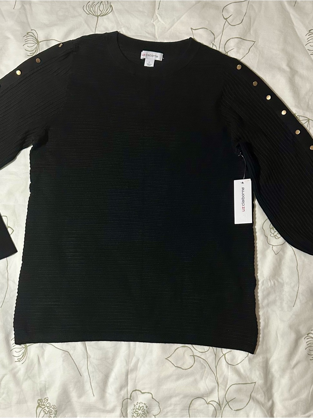 Liz Claiborne Black Crewneck Sweater with Gold Shoulder Studs